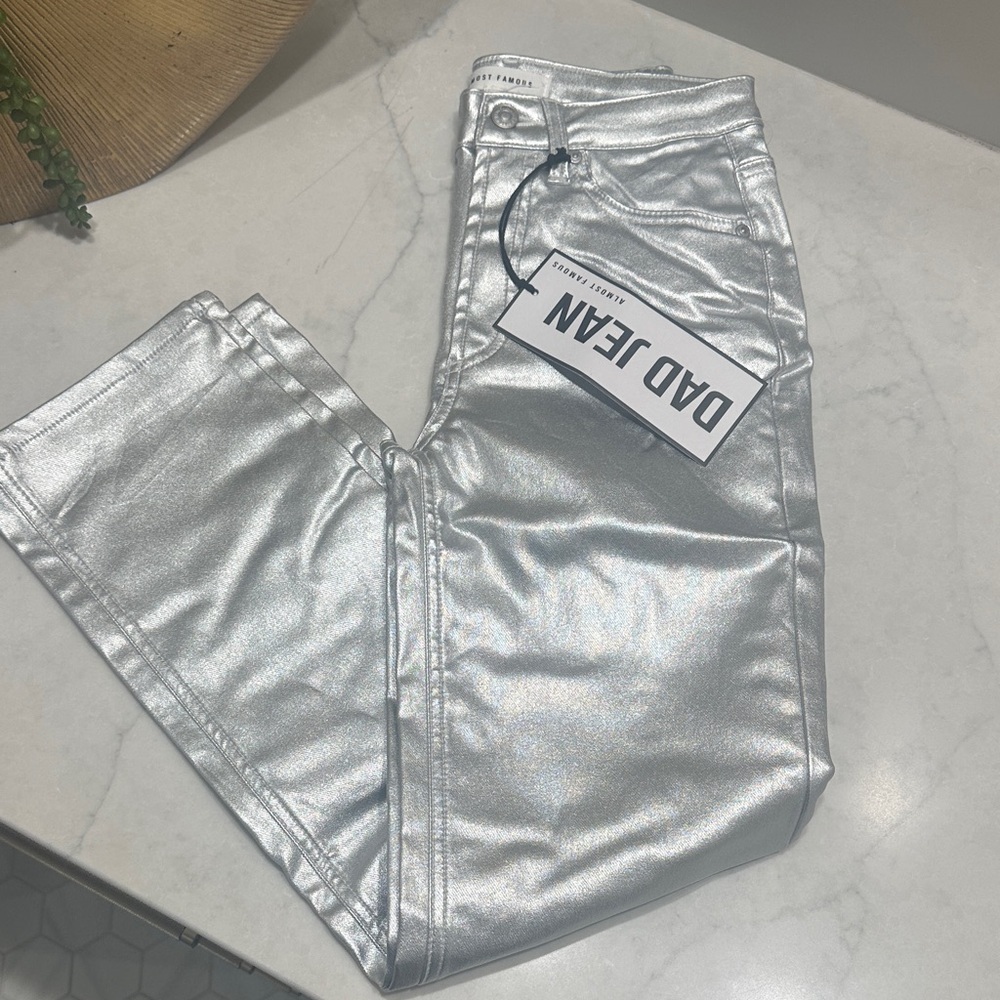 Almost Famous Silver Metallic Dad Jeans disco and dancing